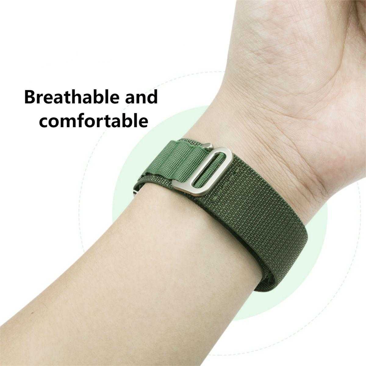 Close-up of a green Mountain Series Nylon Apple Watch Band worn on a wrist, emphasizing its breathable and comfortable fit.